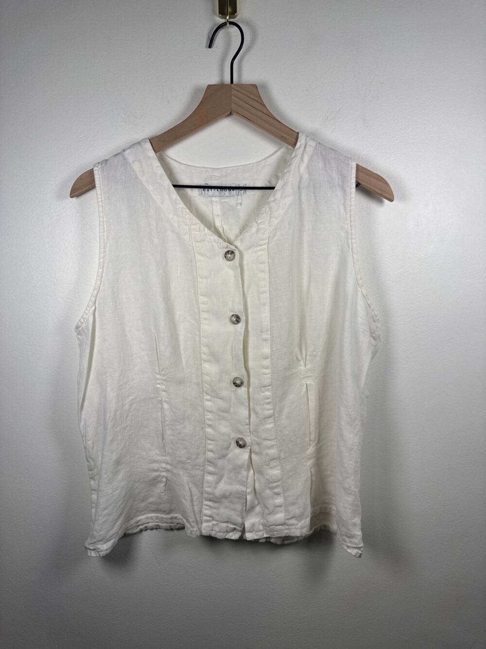 Sleeveless White Button-Front Linen Blend Top